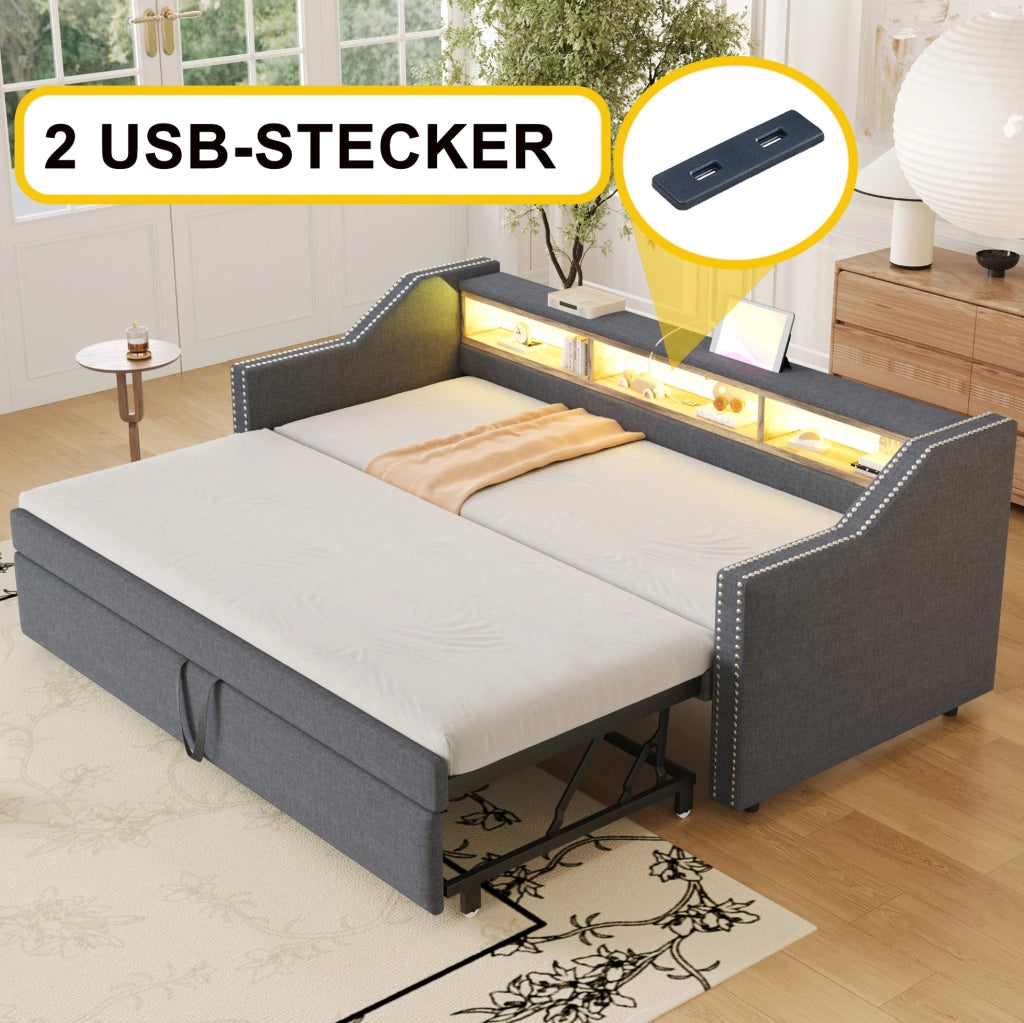 Divano letto imbottito estraibile 90/180x190 cm con LED e USB