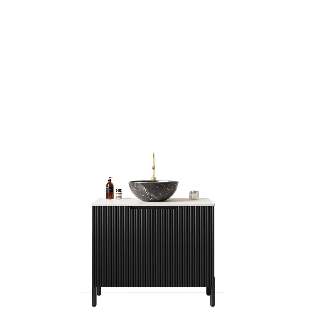 Mobile sottolavabo con lavabo in ceramica e piano in pietra sinterizzata, doppie ante, bagno nero e bianco 76 cm