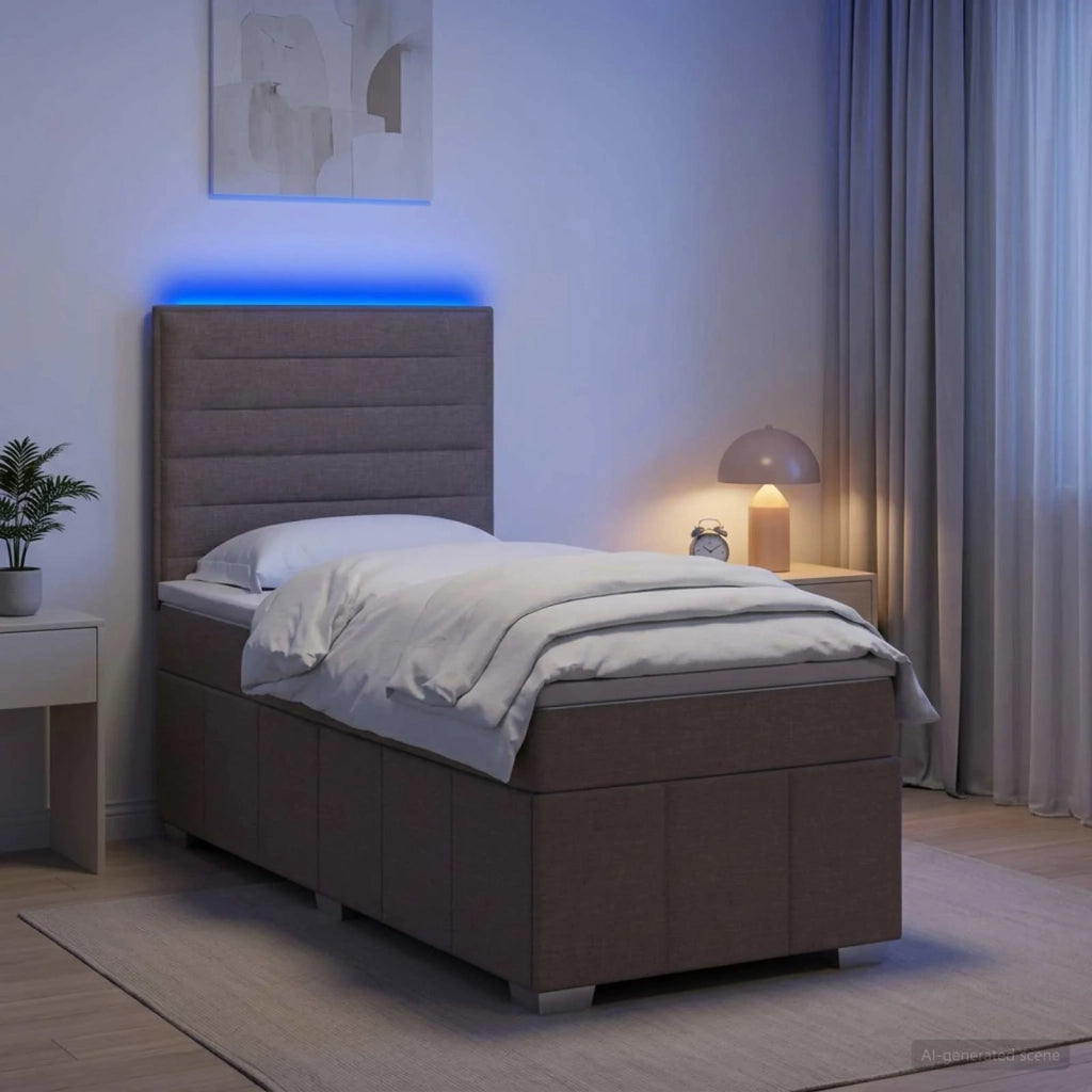 Letto Box Spring LED con Materasso Tortora 100 x 200 cm Tessuto 3455532