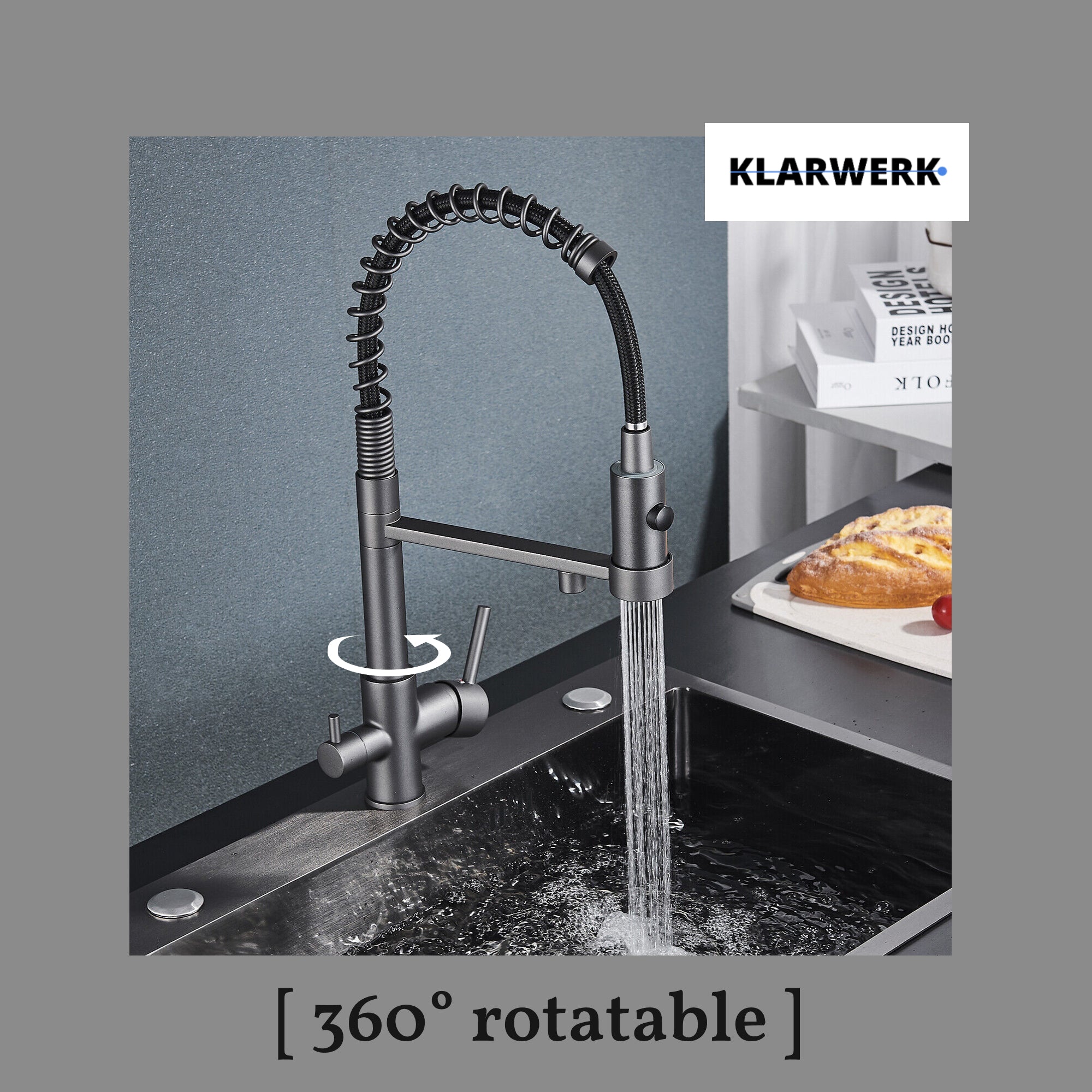 Bernd | Filtro opaco  3 vie grigio titanio gastronomia Rubinetto cucina amolla in acciaio inossidabile osmosi|Miscelatore da ristorante ruotabile 360°