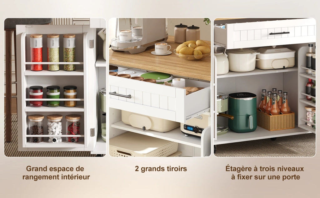 Isola da cucina mobile con piano ribaltabile, carrello portaoggetti, cassetto, ruote frenanti, 130x70x93 cm