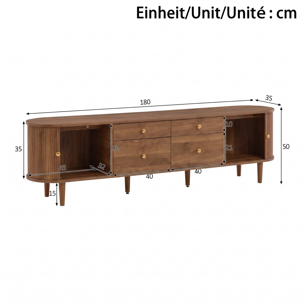 Mobile tv con 2 porte scorrevoli; 4 cassetti; 5 piedi in legno; per soggiorno e camera; 180 × 35 × 50 cm