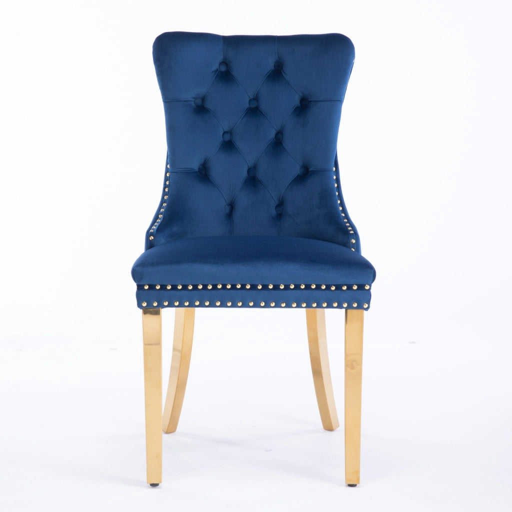Sedie da Pranzo Imbottite in Velluto ¨C MINIMAL ¨C Set 2, Legno Massello, Gambe Oro, Blu