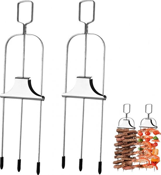 Spiedini per BBQ con meccanismo di scorrimento - 2 pezzi - 35,5 cm - Fonduta di formaggio - Attrezzo per BBQ - Spiedini metallici - Facile da utilizzare con barra di spinta - per carne, pollo, salsicce, verdure