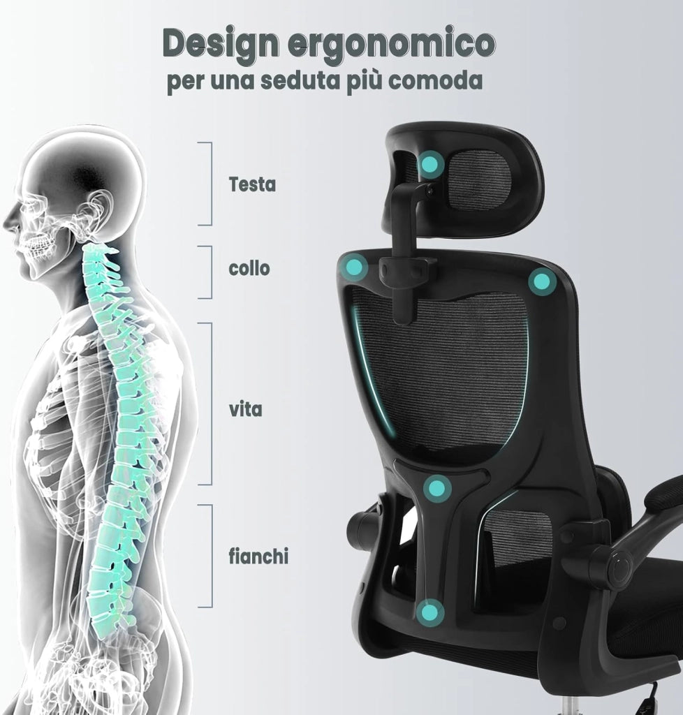 Sedia Ufficio Ergonomica, Sedie Ufficio a Rete Traspirante, Con Supporto Lombare Adattativo a Forma Di C, Poggiatesta Regolabile, Braccioli Ribaltabili, per Scrivania, Casa, Nero