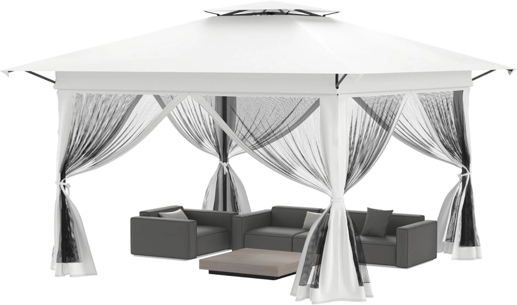 Gazebo 4 x 4 m, impermeabile, stabile, resistente all'inverno, per feste, pieghevole, altezza regolabile con doppio tetto e 4 zanzariere, gazebo da giardino con custodia, colore bianco