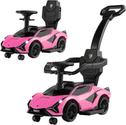 3 in 1 Auto da Spinta, Auto Scorrevole con Paracolpi e Manubrio Rimovibili Musica e Fari, Spazio di Stoccaggio Nascosto e Ruote Universali Staccabili, Bambini 18-24 Mesi (Rosa)