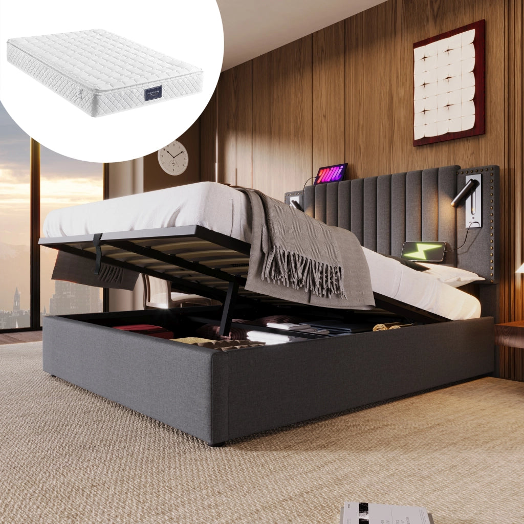 LETTO Contenitore 140x200 cm Grigio con testiera regolabile, luci lettura e USB