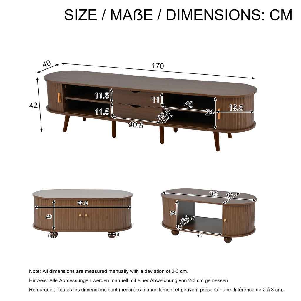 Set mobile TV e tavolino con cassetti e ripiano aperto in MDF noce