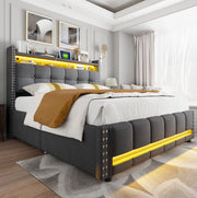 Letto imbottito 160x200 cm con LED; USB; ripiani e cassetto; lino grigio
