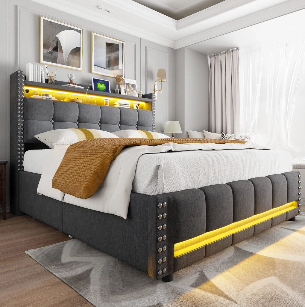 Letto imbottito 160x200 cm con LED; USB; ripiani e cassetto; lino grigio