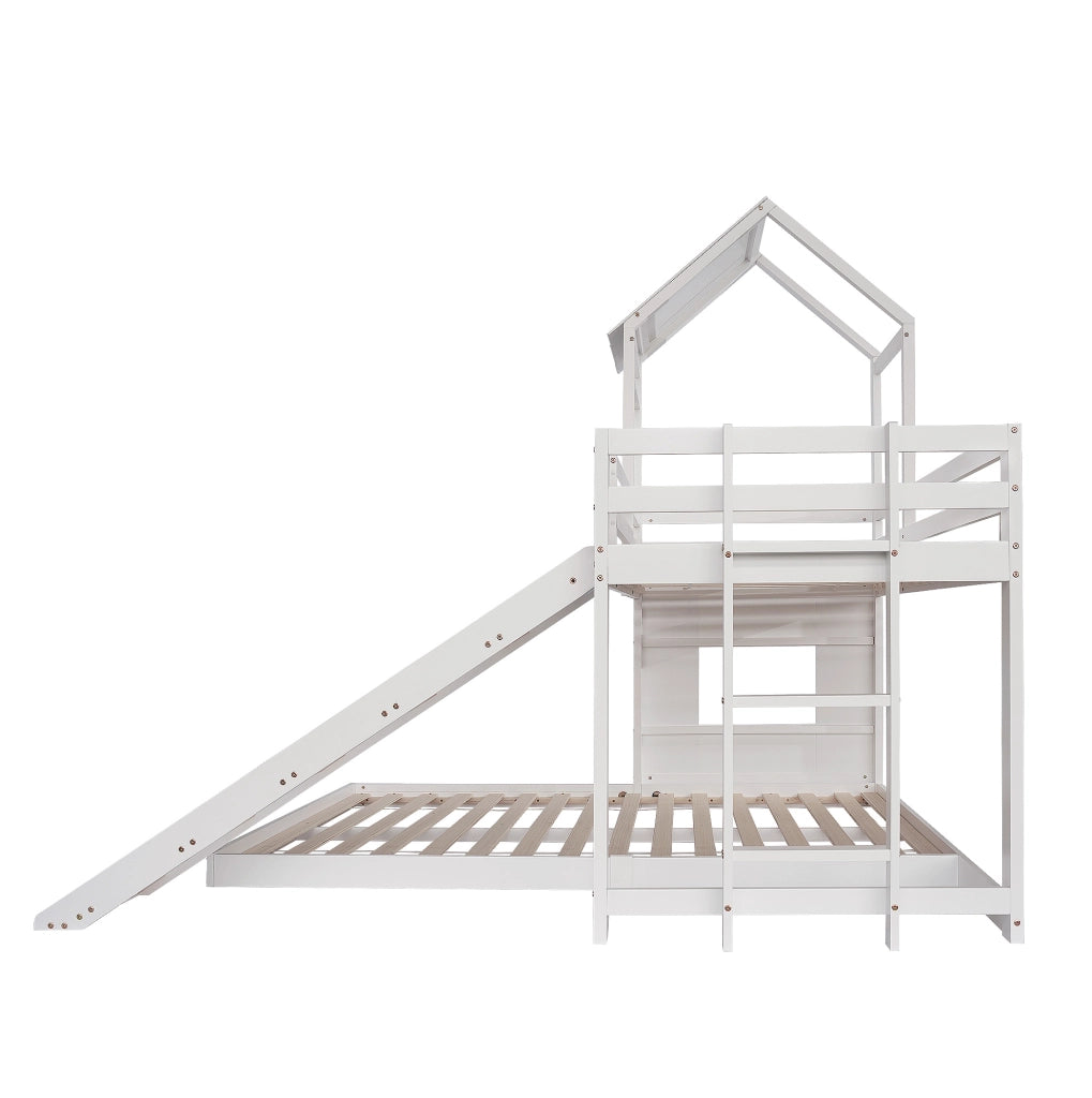 Letto a castello con scivolo 210x227x216 cm con tetto; finestra e scala a 3 gradini in legno e MDF bianco