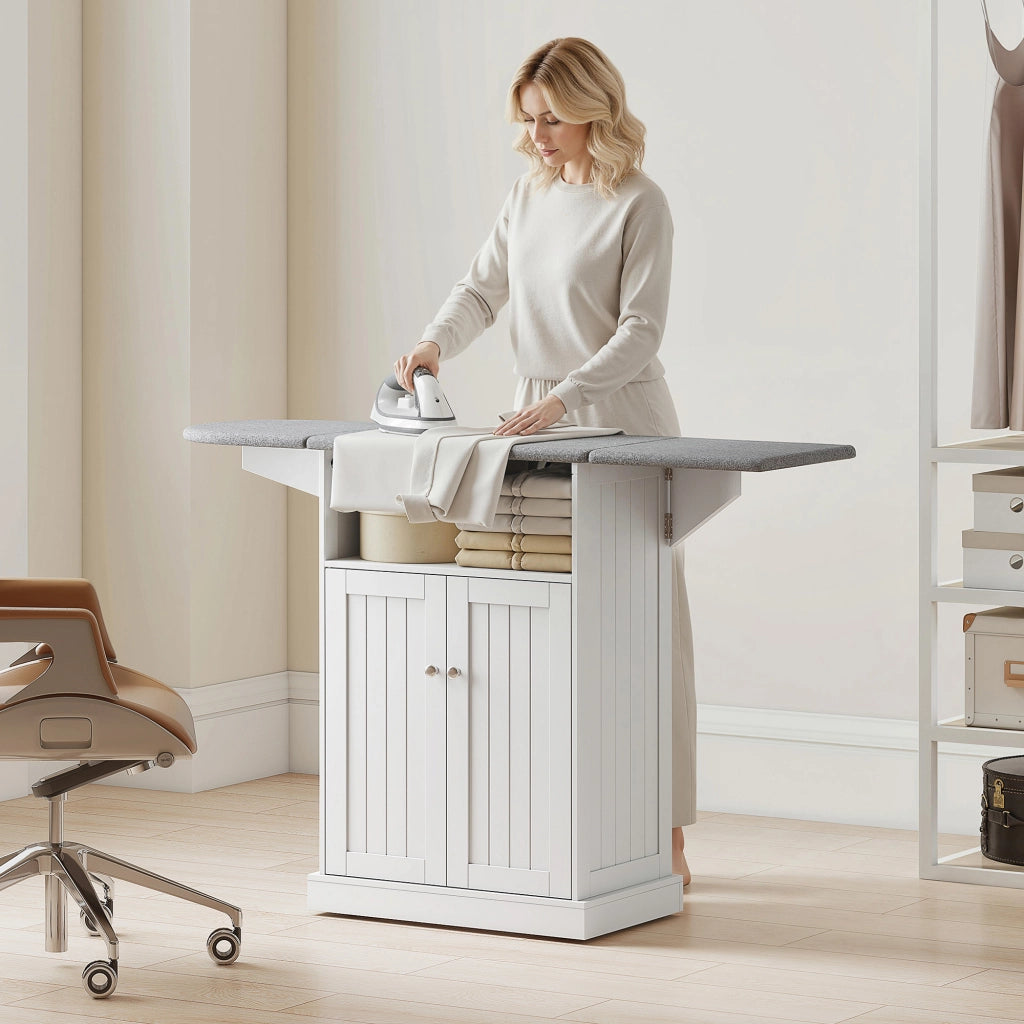 Mobile con Asse da Stiro Pieghevole 131x37x88,5 cm e Armadietto in MDF Bianco