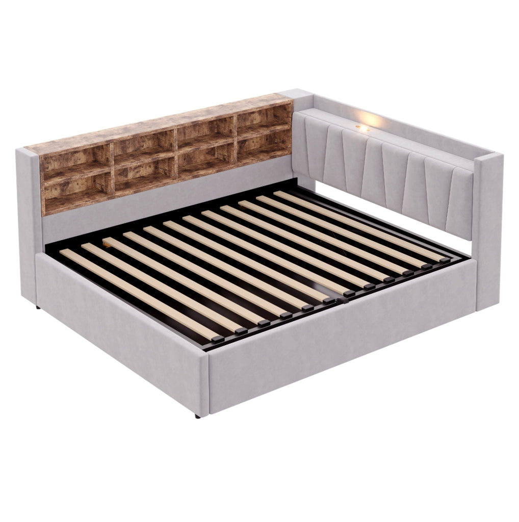 Letto imbottito 140x200 cm con vano contenitore, USB, Type-C e ripiani