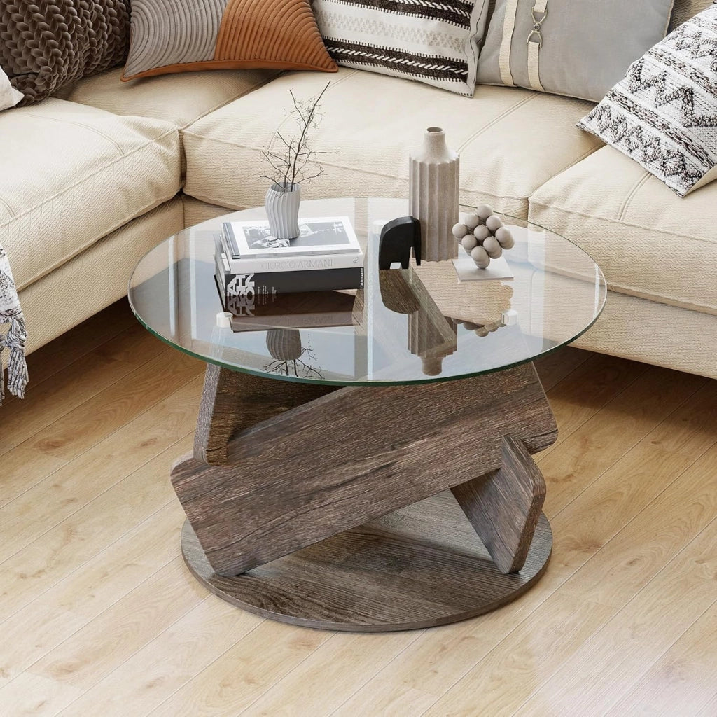 Tavolino in Vetro, Tavolo da Salotto Rotondo con Piano in Vetro Temperato, Gambe in Legno Massiccio, Tavolino Moderno, per Salotto, Camera, Ufficio, Appartamento, 81 x 49 cm, Grigio