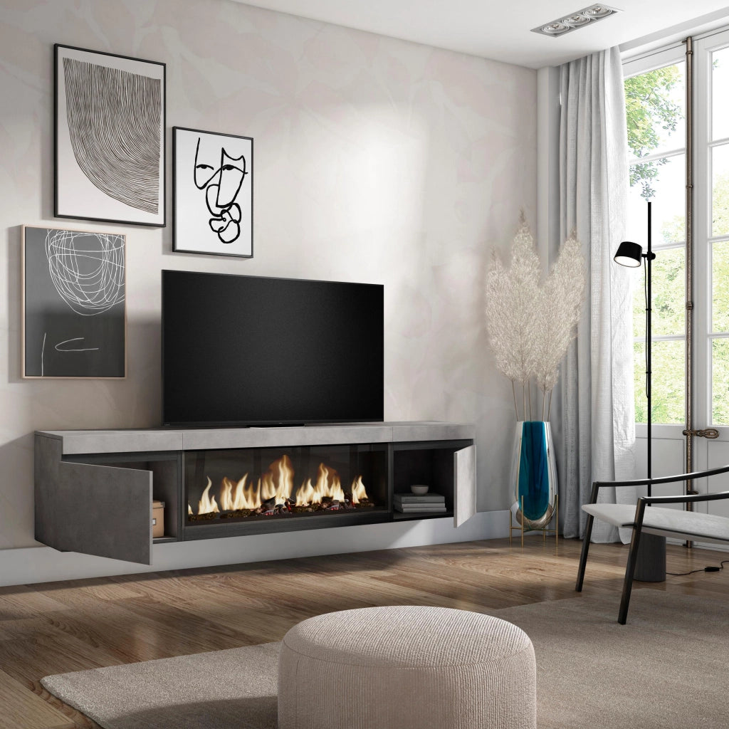 Mobile TV, Soggiorno, 208x35x45cm, Per TV fino a 80", Camino elettrico XXL, da appendere, grigio cemento RF3207