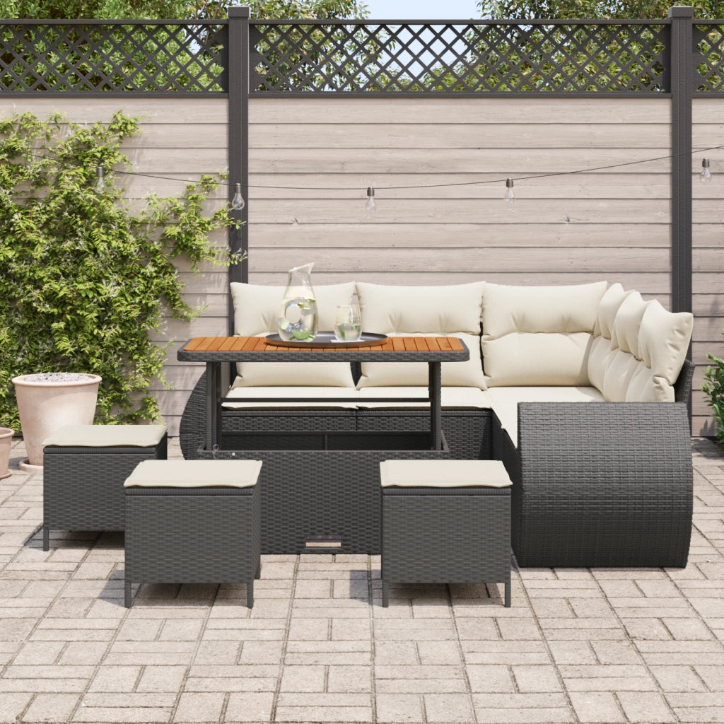 Set Divano Giardino 9 Pezzi con Cuscini Nero Rattan Poliestere Acacia