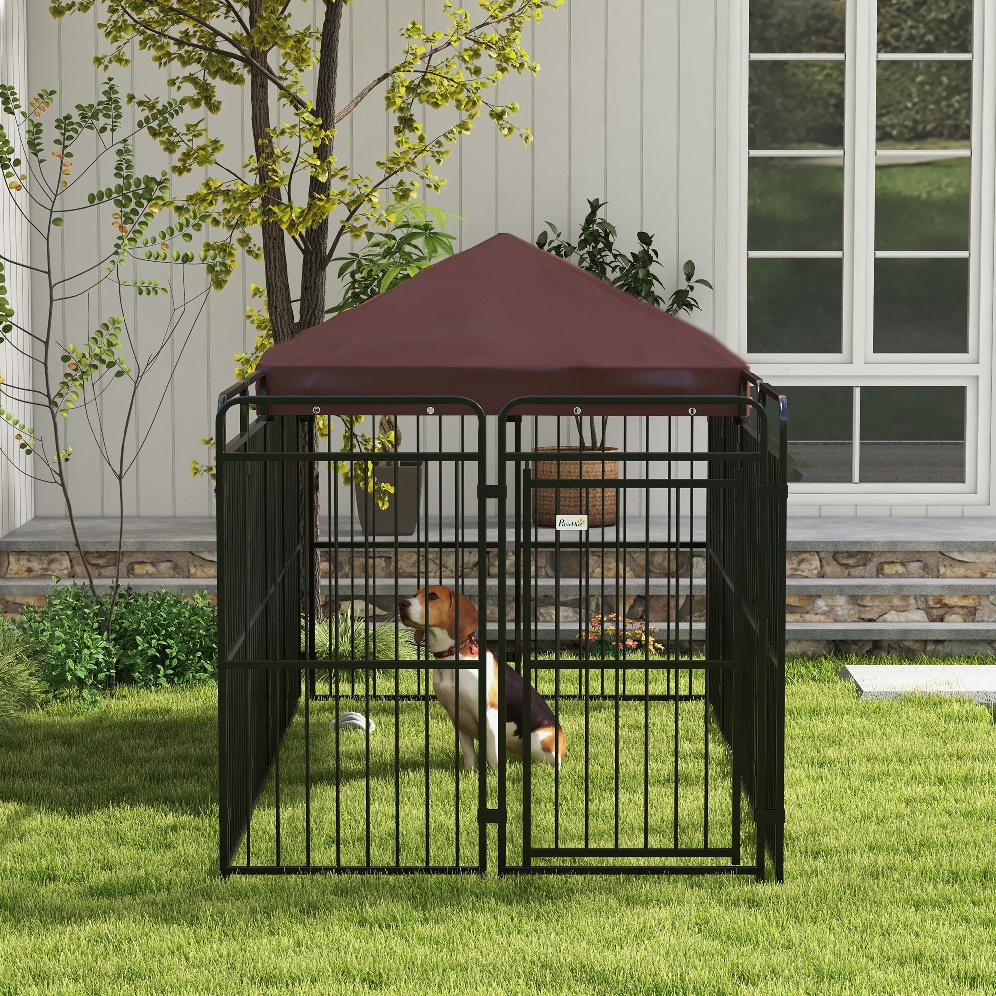 Recinto per Cani da Esterno con Tetto 282x121x159 cm in Metallo Marrone