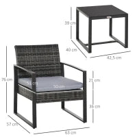 Set da Giardino in Rattan 3 pezzi, 2 Poltrone con Cuscino e Tavolino, Grigio
