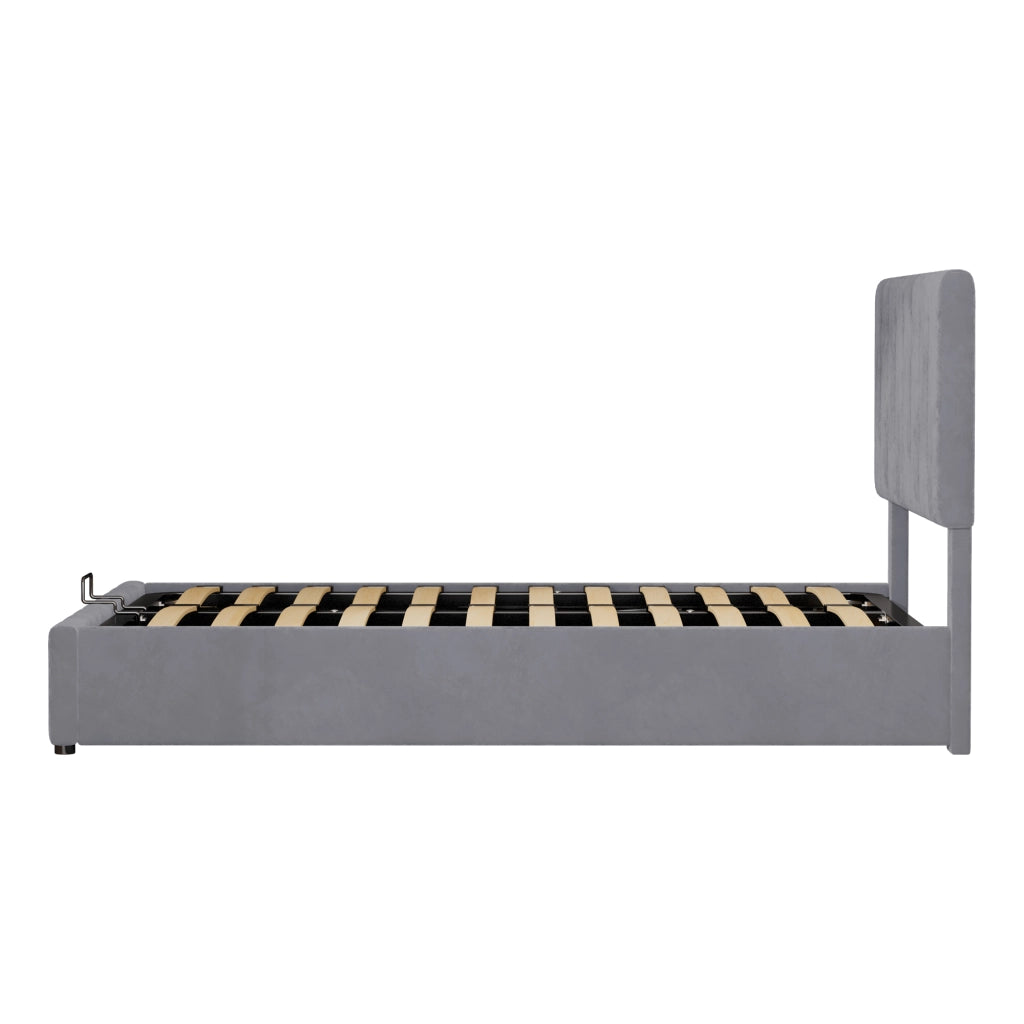 Letto imbottito 203x140x106 cm con contenitore idraulico; rete a doghe in metallo; velluto grigio