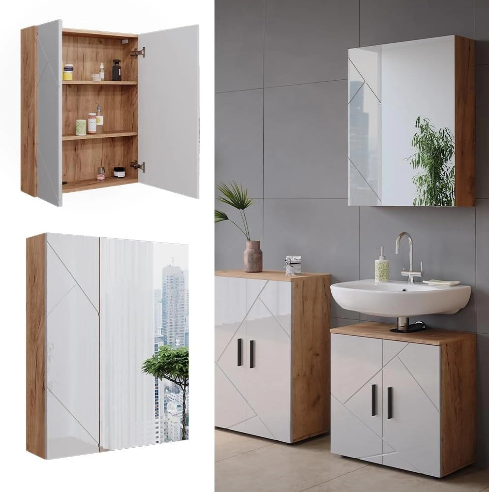 Mobile a specchio per il bagno Irma, Rovere Goldkraft/bianco lucido, 60 x 75 cm