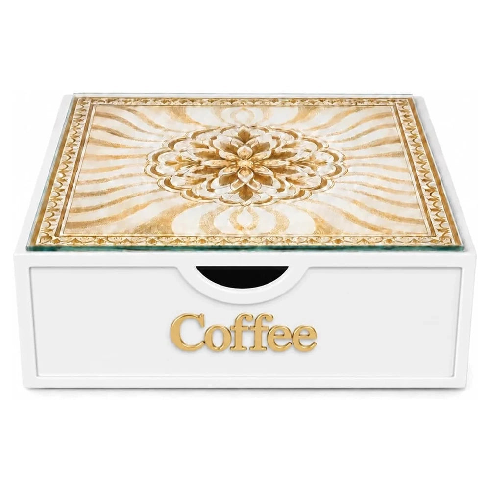 Trade Shop - Cassetto Organizer Porta Capsule Cialde Bianco Coffee Top Vetro Maiolica Oro Divisori 595165 -