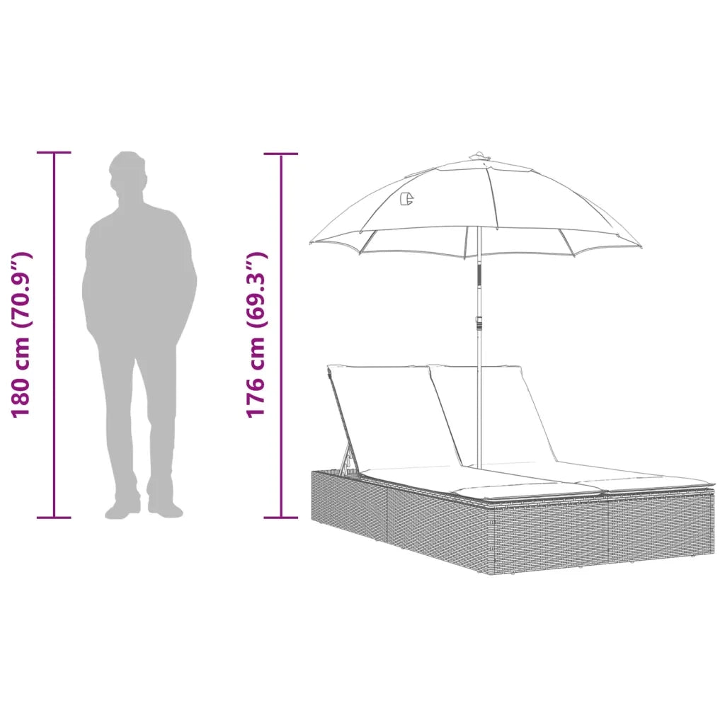 Lettino Prendisole | Sdraio da giardino | Lettino da sole Doppio Cuscini e Parasole Nero in Polyrattan