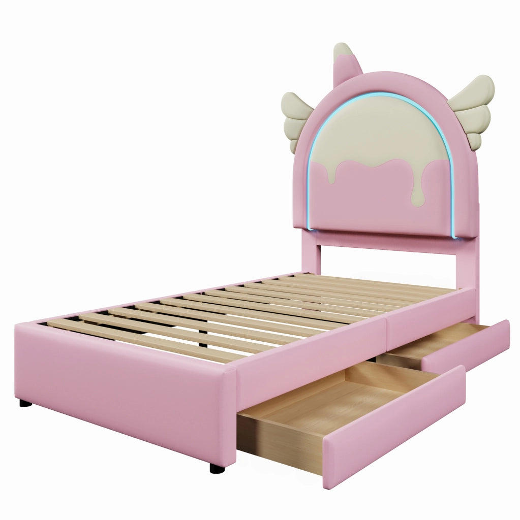 Letto imbottito 90x200 cm con barra LED; 2 cassetti; PU e MDF; rosa