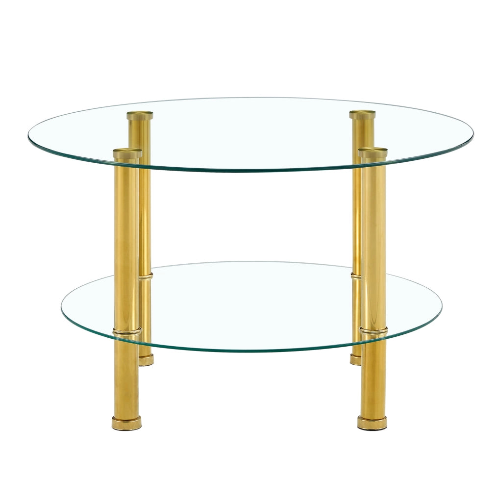 Tavolino da caffè a due livelli 70 cm oro vetro e metallo con ripiano