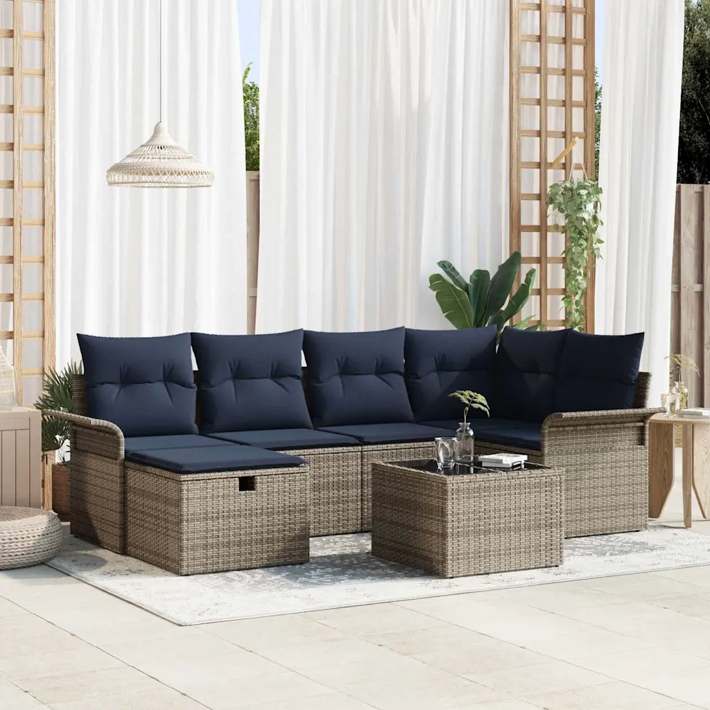 Set Divano da Giardino 7 pcs Grigio e Blu Navy polyrattan