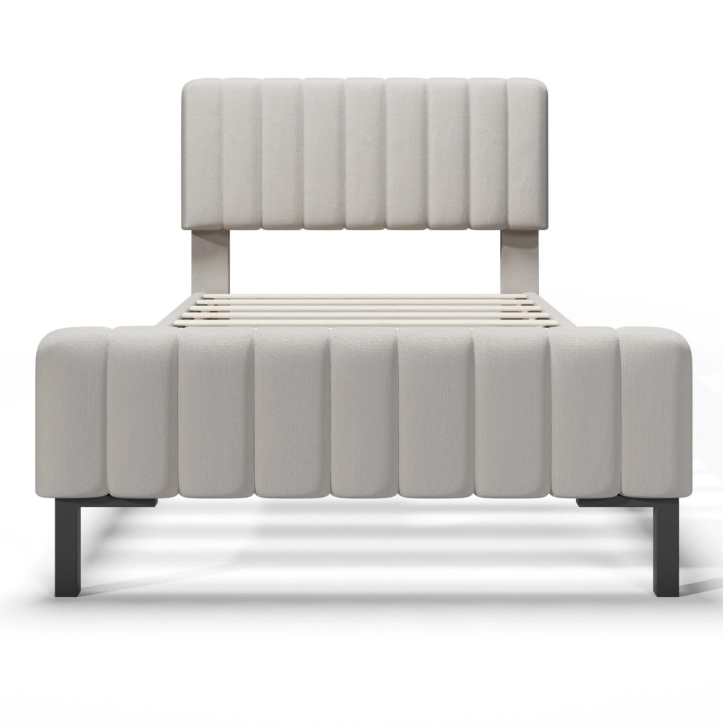 Letto singolo imbottito 90x200 cm in lino grigio-beige con testiera regolabile