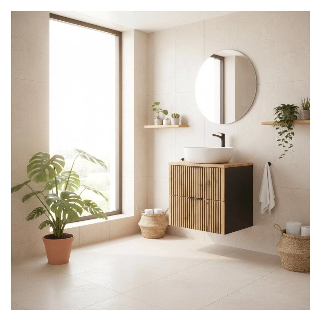 Insieme KINOKO: mobile sottolavabo con cassetti 60cm + piano lavabo in rovere + lavabo bianco quadrato da appoggio