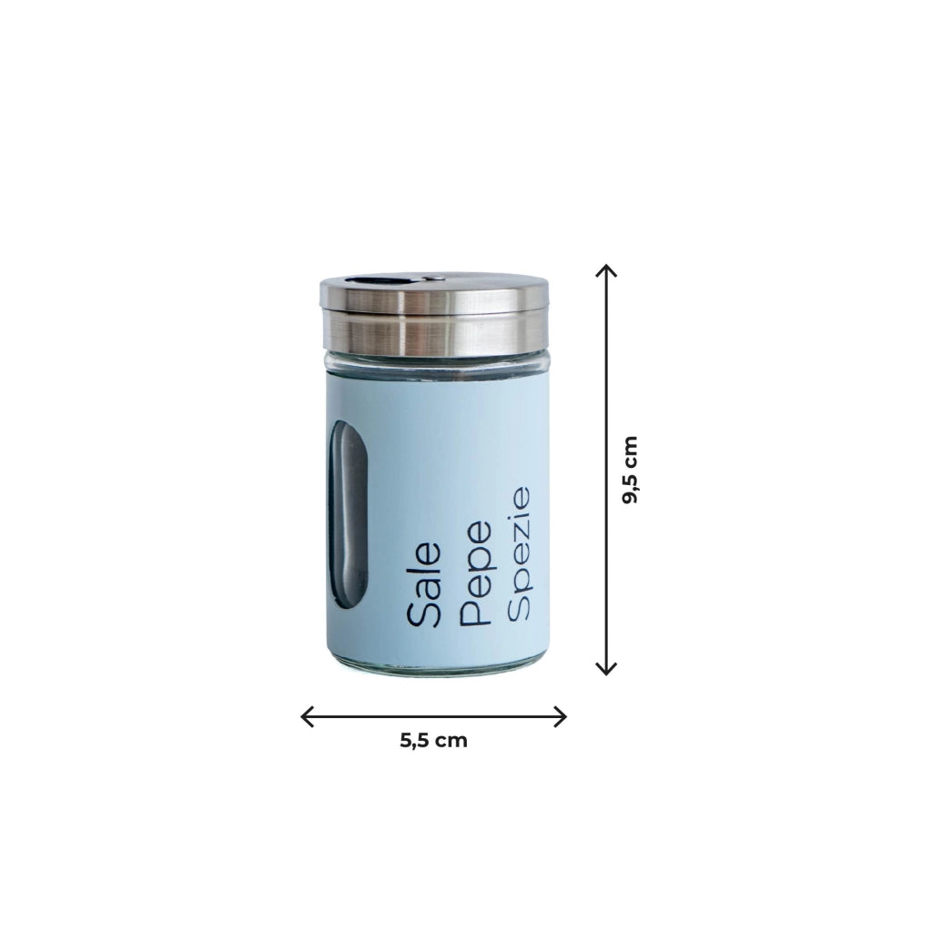 Set 4 Contenitori In Vetro Cucina Portaspezie 90 Ml Con Espositore In Metallo Barattoli Moderni Sale Pepe Rotondi Tappo Girevole Acciaio Per Regolazione Con Moderne Scritte Certificati Contatto Alimentare Azzurro