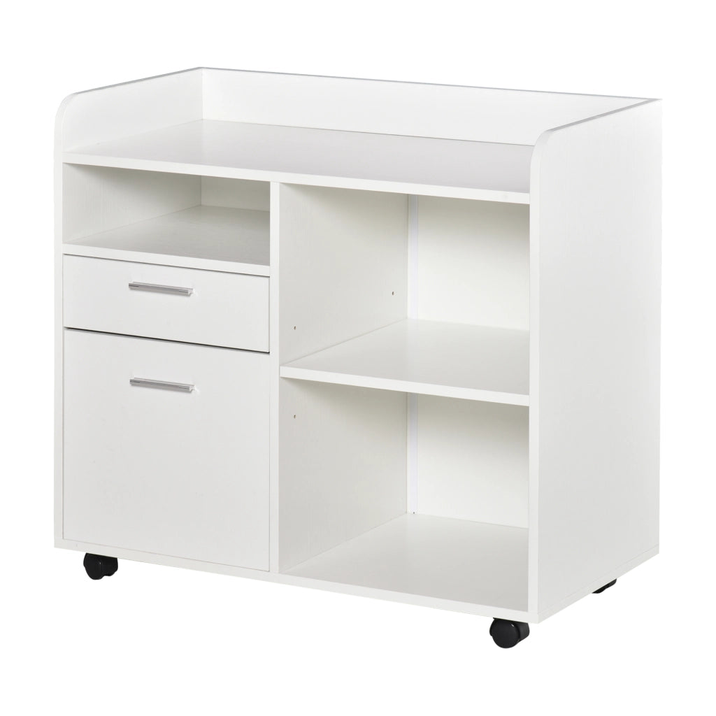 Scrivania per stampante con 3 scomparti, 2 cassetti, scaffale e ruote ¨C zephmum ¨C 80x40x72 cm bianco