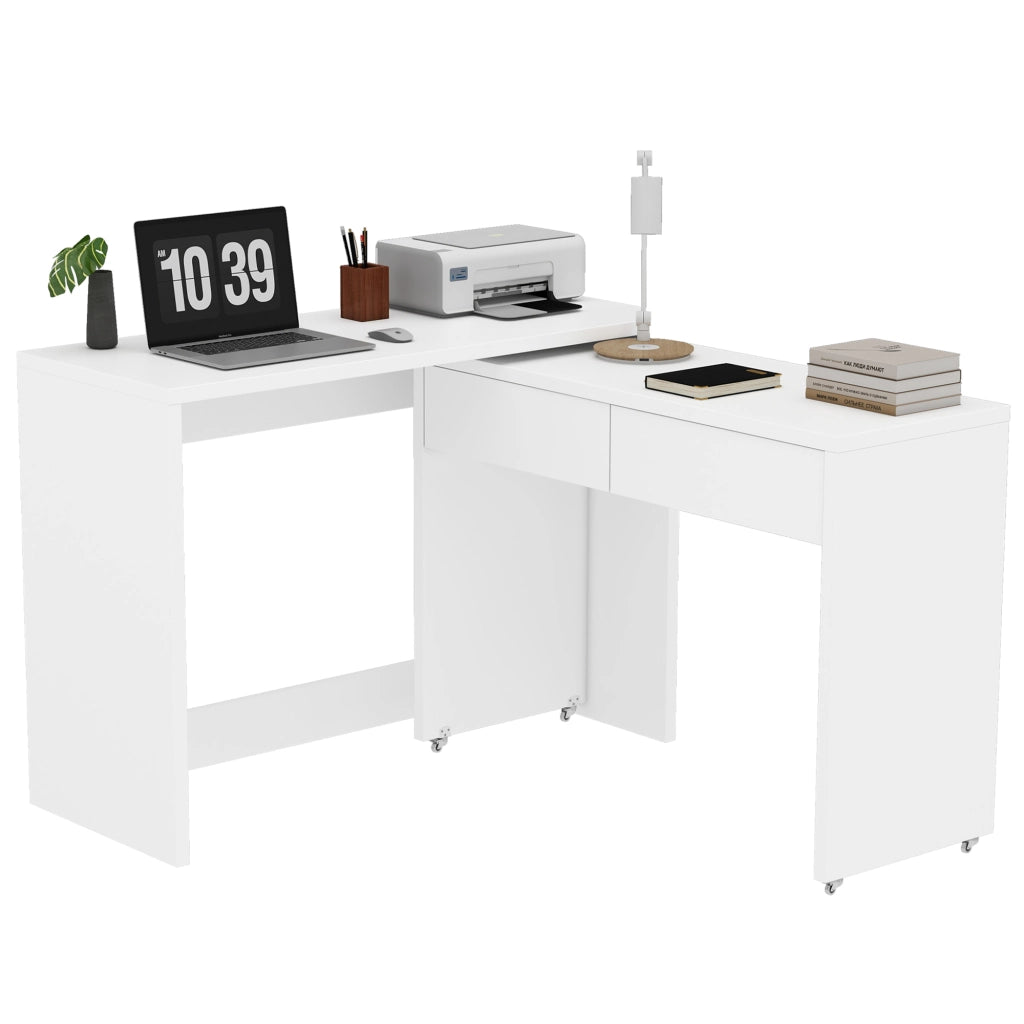 Scrivania pieghevole multifunzionale 2 in 1 con 2 cassetti e ruote, bianco, per studio e camera 110 × 40 × 78 cm