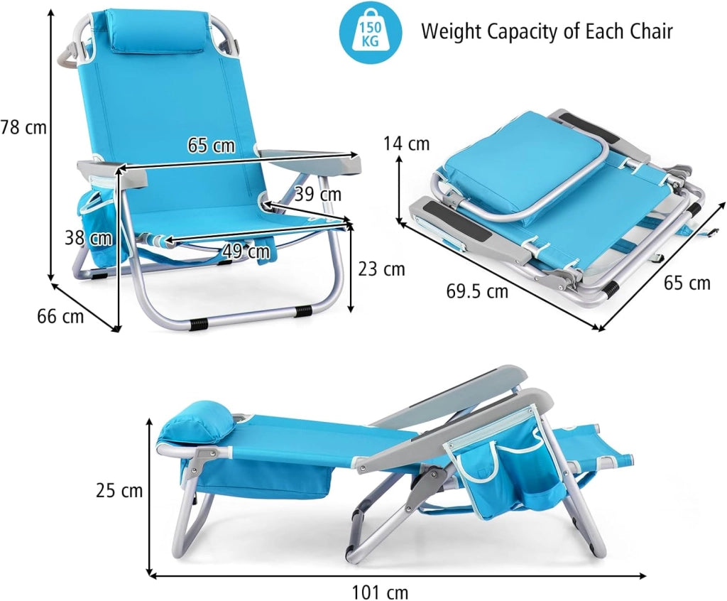 Sedia da Spiaggia Pieghevole, Spiaggina con Schienale Regolabile in 5 Posizioni, Sdraio Mare con Poggiatesta, Lettino Prendisole con Tasca Laterale, Carico 150 kg (Blu*1)