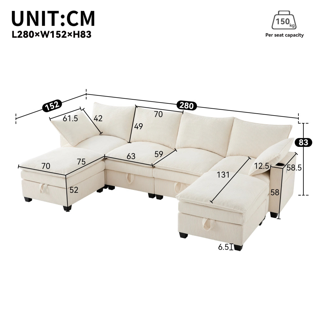 Divano modulare componibile L/U con USB; contenitore e portabicchieri; corduroy beige 280x151x82 cm