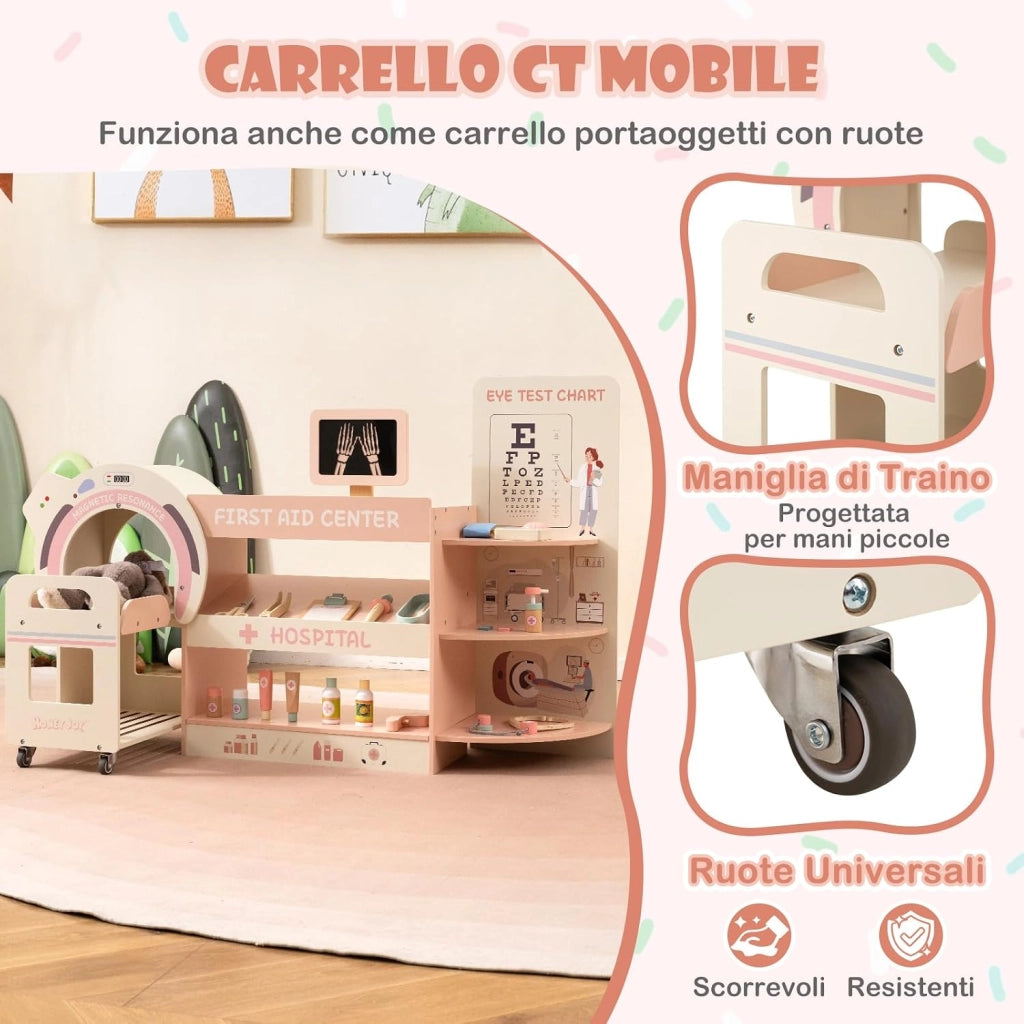 Set Gioco Dottore per Bambini, Medico Giocattolo in Legno con Tabella Oculistica, Macchinario CT e Radiografie, Gioco di Ruolo Medico Educativo con Accessori per Bambini 3+ Anni (Rosa)