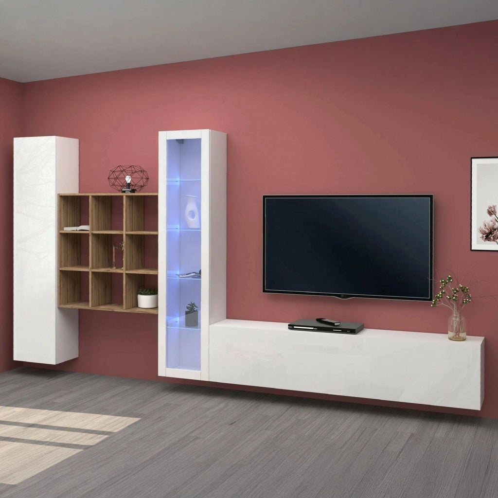 Mobile Soggiorno Arizzano, Parete Attrezzata 18 Ripiani Made in Italy, 310x30x180h cm Bianco Lucido