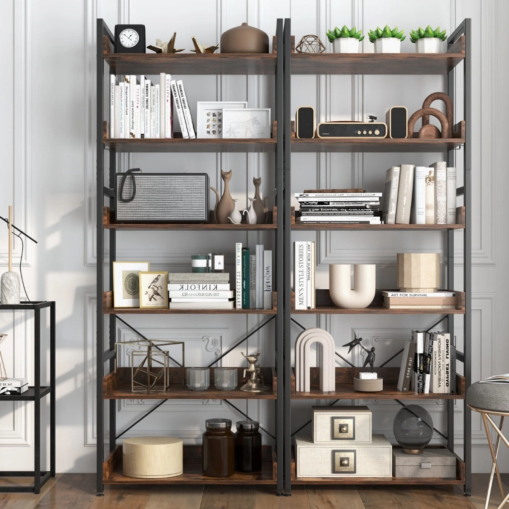 Scaffale a 6 ripiani alta 177cm con ripiani aperti 4 ganci telaio in metallo, Libreria industriale d'angolo Marrone-Librerie