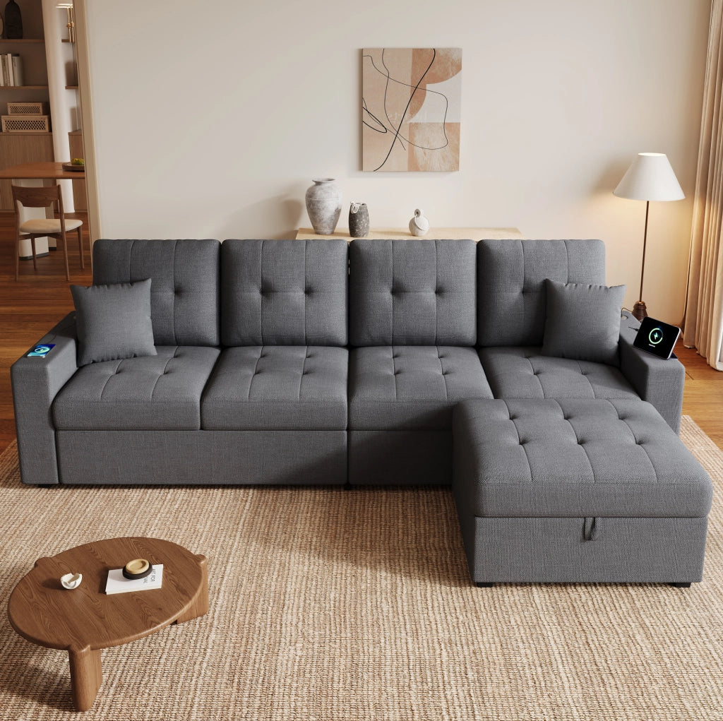 Divano 4 posti con pouf contenitore; USB e Type-C; LED; grigio antico