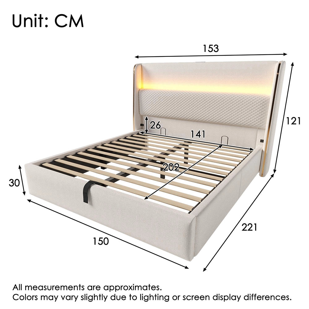Letto Matrimoniale Moderno 140x200cm - Xylo - Testiera Alta Idraulica LED e USB, Tessuto Lino Beige