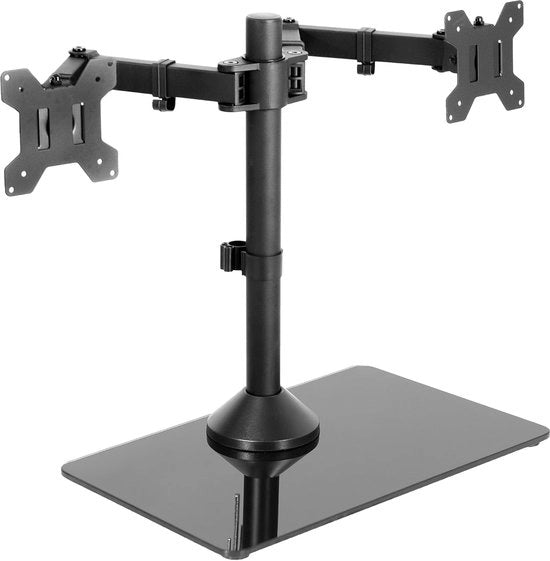 Stand per doppio monitor per schermi da 32 pollici con braccia regolabili e piede in vetro
