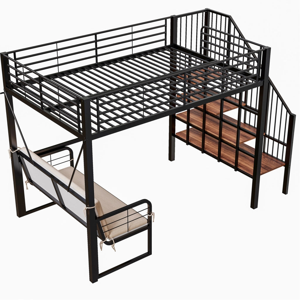 Letto a soppalco 140x200 cm con divano rimovibile e scala contenitore in metallo e MDF nero