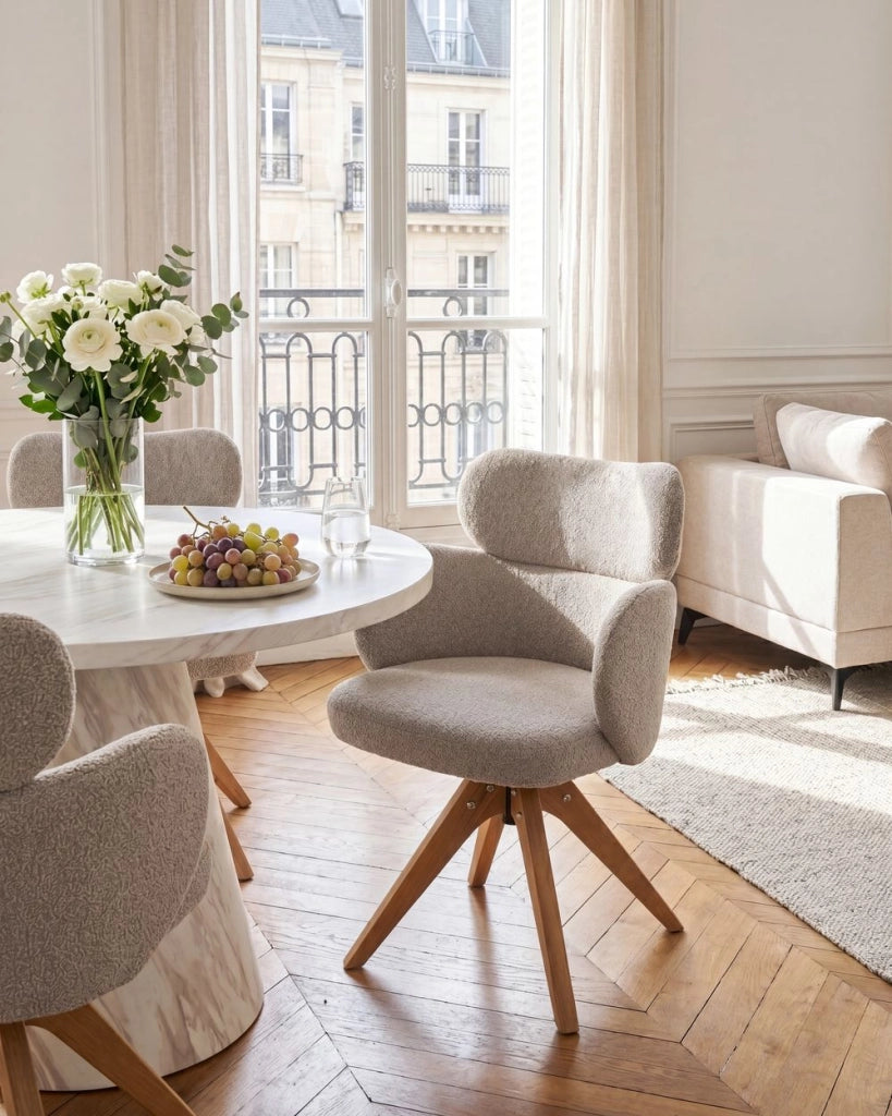 Sedia da pranzo girevole con schienale curvo in boucle beige stile scandinavo