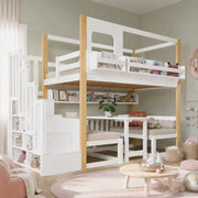 Letto a castello 90x200 cm bianco e naturale in legno e MDF con scala contenitore