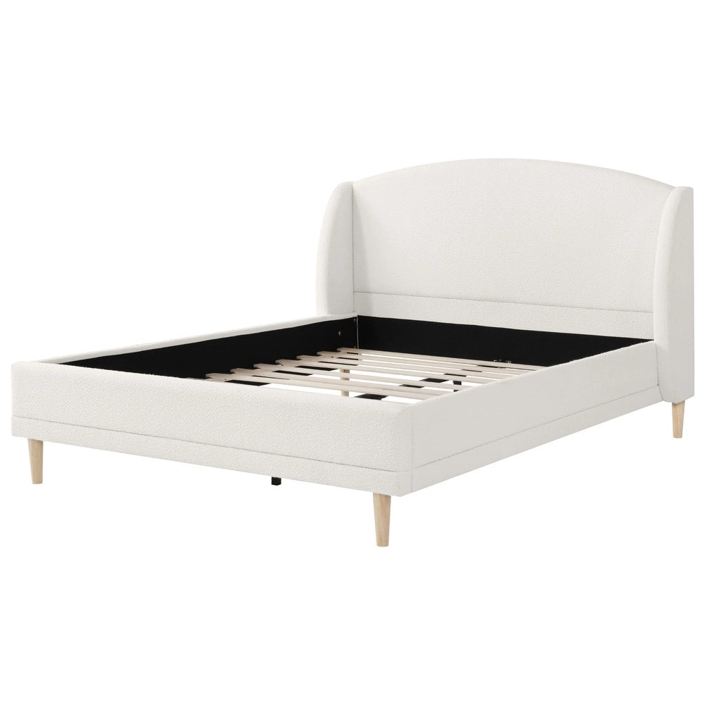 Letto Imbottito Boucl¨¦ con Testiera a Orecchie ¨C MINIMAL ¨C Bianco Avorio, 140x190, Doghe