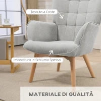 Poltrona Relax con Pouf Poggiapiedi in Velluto a Costine con Schienale Alto e Braccioli, Grigio