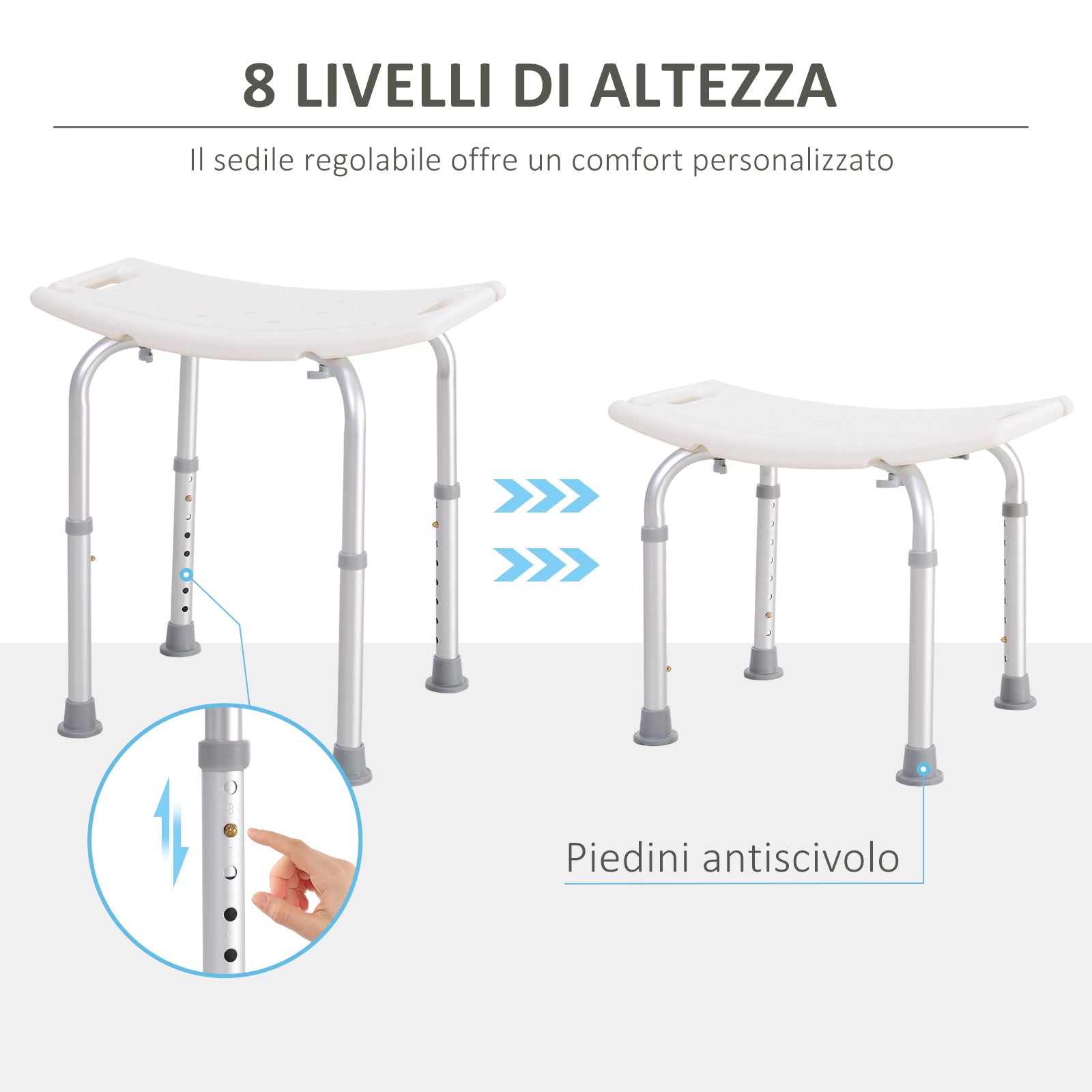 Sgabello per Doccia Bagno antiscivolo bianco altezza regolabile