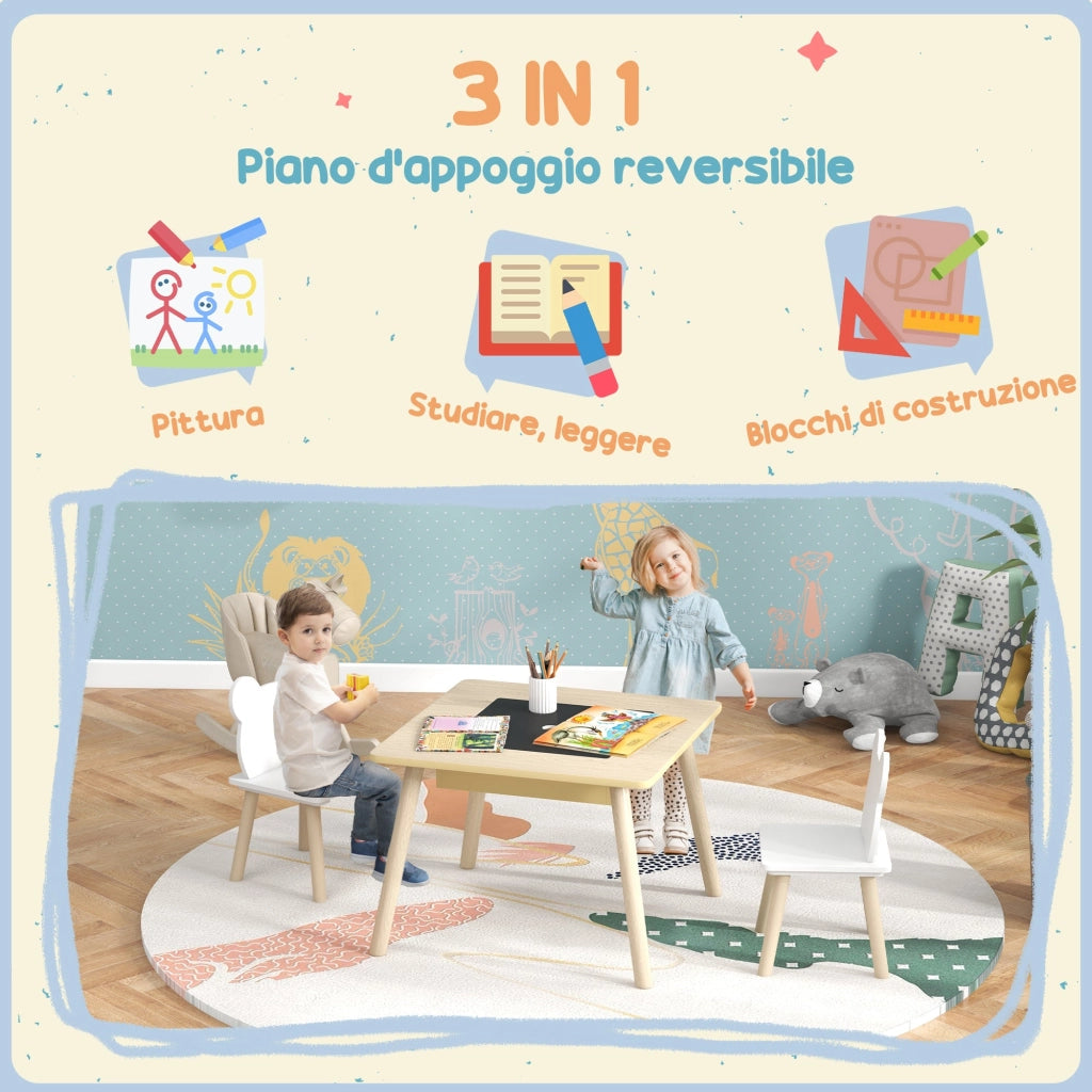 Set Tavolino Multifunzione e 2 Sedie per Bambini Orsetto Colore Legno